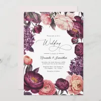 Plum and Blush Watercolor Floral Wedding Photo Invitation