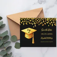 Black gold cap Graduation Party Save the Date card