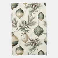 Sage Green and Gold Christmas Ornaments  Kitchen Towel