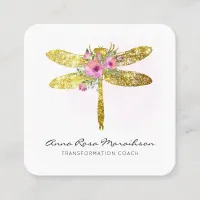 *~* Floral Watercolor Gold Glitter  Dragonfly  Squ Square Business Card