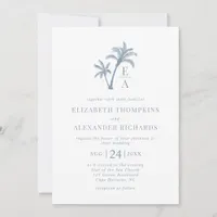 Tropical Palm Tree Monogram Beach Blue Wedding Invitation