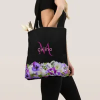 Black purple white florals monogram name tote bag