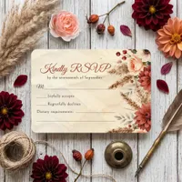 Autumn Dahlia Burgundy Pampas Grass Boho Wedding RSVP Card