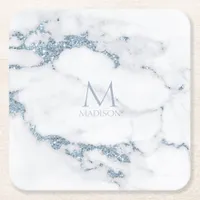 Modern Marble Glitter Monogram Dusty Blue ID816 Square Paper Coaster