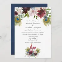 Burgundy and Navy Peacock Wine Themed Wedding Invitation