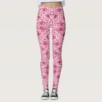 Elegant Flowery Pink and Red Damask Leggings