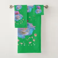 Water Droplets on Pink & Blue Roses on Green | Bath Towel Set