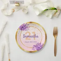 21st birthday party rose gold purple florals name paper plates