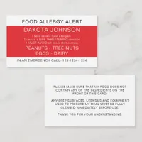 Red Restaurant Food Allergy Alert Card