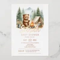 Camping Baby Bear in the Woods Baby Shower Foil Invitation