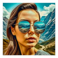 Beautiful Woman in Sunglasses Mountain Reflectoin Poster