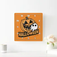 Cheerful ghost by a playful pumpkin square wall clock