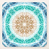 Round Ocean Waves Teal and Turquoise Mandala   Square Paper Coaster