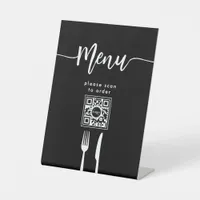 Modern Simple Menu Knife & Fork QR Code Black Pedestal Sign