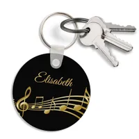 Black gold music notes monogram name keychain