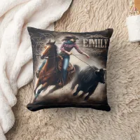 Rodeo Cowgirl Roping a Calf at Sunset Throw Pillow