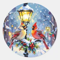 Christmas Cardinals and Snowy Lamppost Classic Round Sticker