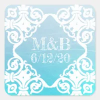 Personalized Aqua Wedding Date & Initials Sticker