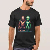 Extraterrestrial Alien Being and Bigfoot Pixel Art T-Shirt