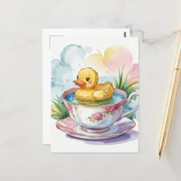 Adorable duckling in a teacup postcard