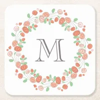 coral roses wreath monogram square paper coaster