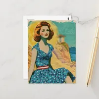 Retro Woman in Blue Polka Dots A Day at the Beach Postcard