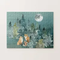 Fox Family in Forest Full Moon Watercolor Jigsaw Puzzle