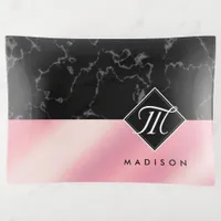 Elegant Black Marble & Pink Foil Monogram Trinket Tray