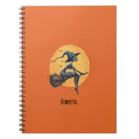 Halloween Witch Fliyng a Broomstick Orange Notebook