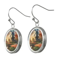 Windmill in Dutch Countryside by River with Tulips Earrings