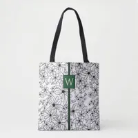 Hand Drawn Floral White Black Pattern and Monogram Tote Bag