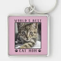World's Best Cat Mom Paw Prints Pet Photo Pink Keychain