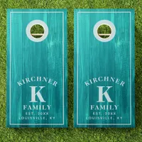 Family Name Teal Wood Year Established Monogram Cornhole Set