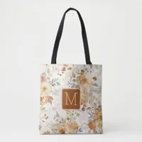 Autumn Floral Botanical Print Color Block Monogram Tote Bag