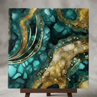 Luxe Teal Turquoise Liquid Gold Marble Agate Geode Ceramic Tile