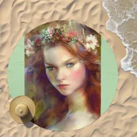 Dreamy kitschy Maiden with Flower Wreath AI Art Beach Towel