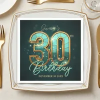 Elegant Gold Teal 3D Typography 30th Birthday Napkins