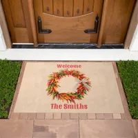 Southwest Chile Ristra Wreath Adobe Personalized Doormat