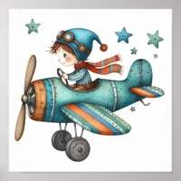 Cute Nursery Art Child Flying Old Airplane Poster