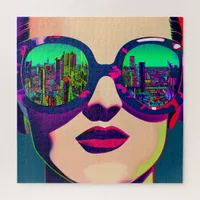 Colorful Art Woman in Sunglasses City Reflection  Jigsaw Puzzle