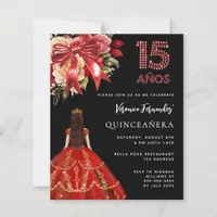 Quinceanera black red dress bow florals invitation
