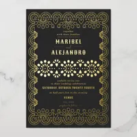 Scalloped Mexico Papel Picado Floral Black Wedding Foil Invitation