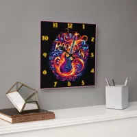 Guitar engulfed in vibrant night flames square wall clock