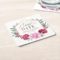 Burgundy Blush Gold Floral Save the Date Square Paper Coaster