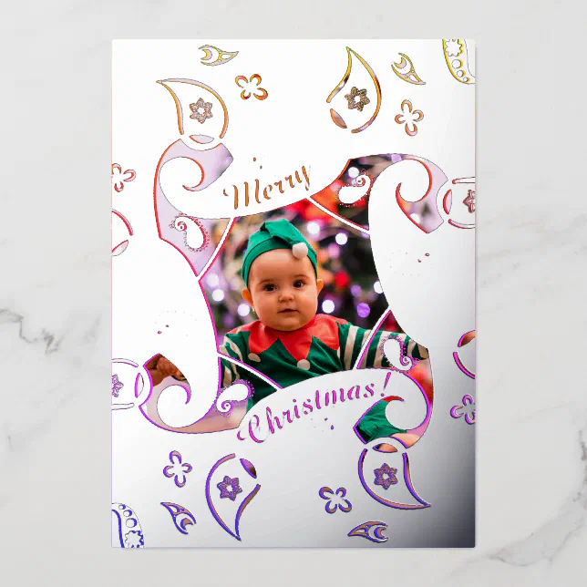 Silver paisle ornaments Christmas card with photo