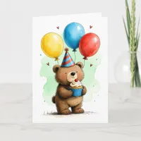 Cute Baby Bear with Cupcake Kid's Happy Birthday Card