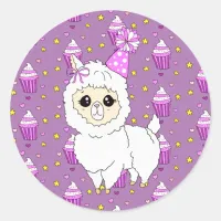 Cute Little Birthday Llama Purple Classic Round Sticker