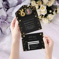 60th birthday black gold stars photo rsvp all in one invitation