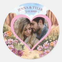 Pretty Canyon Themed Wedding Photo Template Classic Round Sticker