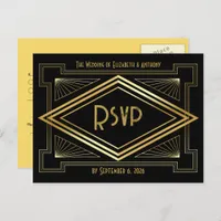 Black and Gold Art Deco Wedding RSVP QR Code Postcard